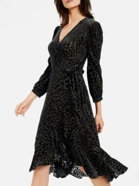 Calvin Klein Size 8 Black Leopard Burnout Velvet Wrap Midi Dress Puff Sleeve